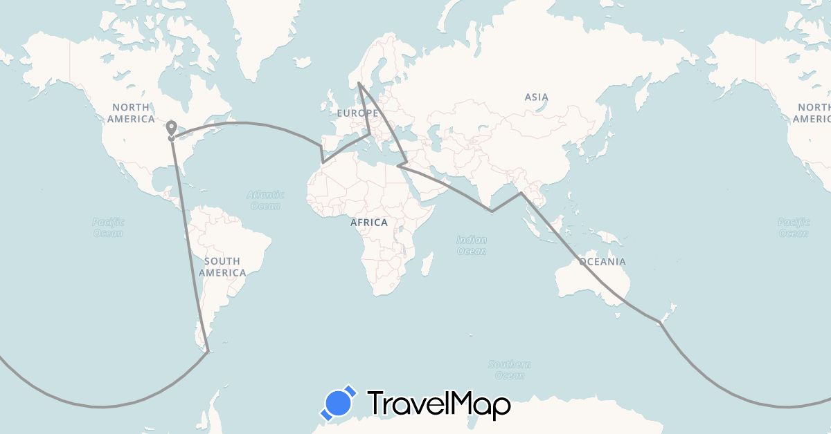 TravelMap itinerary: driving, plane in Argentina, Egypt, Croatia, Jordan, Sri Lanka, Morocco, Myanmar (Burma), Norway, New Zealand, Portugal, United States (Africa, Asia, Europe, North America, Oceania, South America)